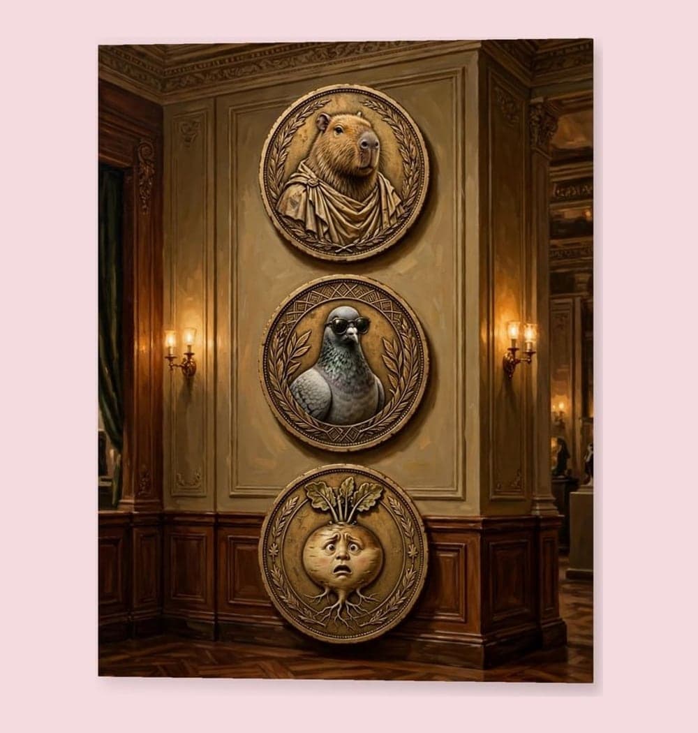 An elegant imaginary museum interior displaying absurd original coin portraits: a capybara in a robe, a pigeon in sunglasses, and a bewildered turnip, on a matte poster (example made with AI)