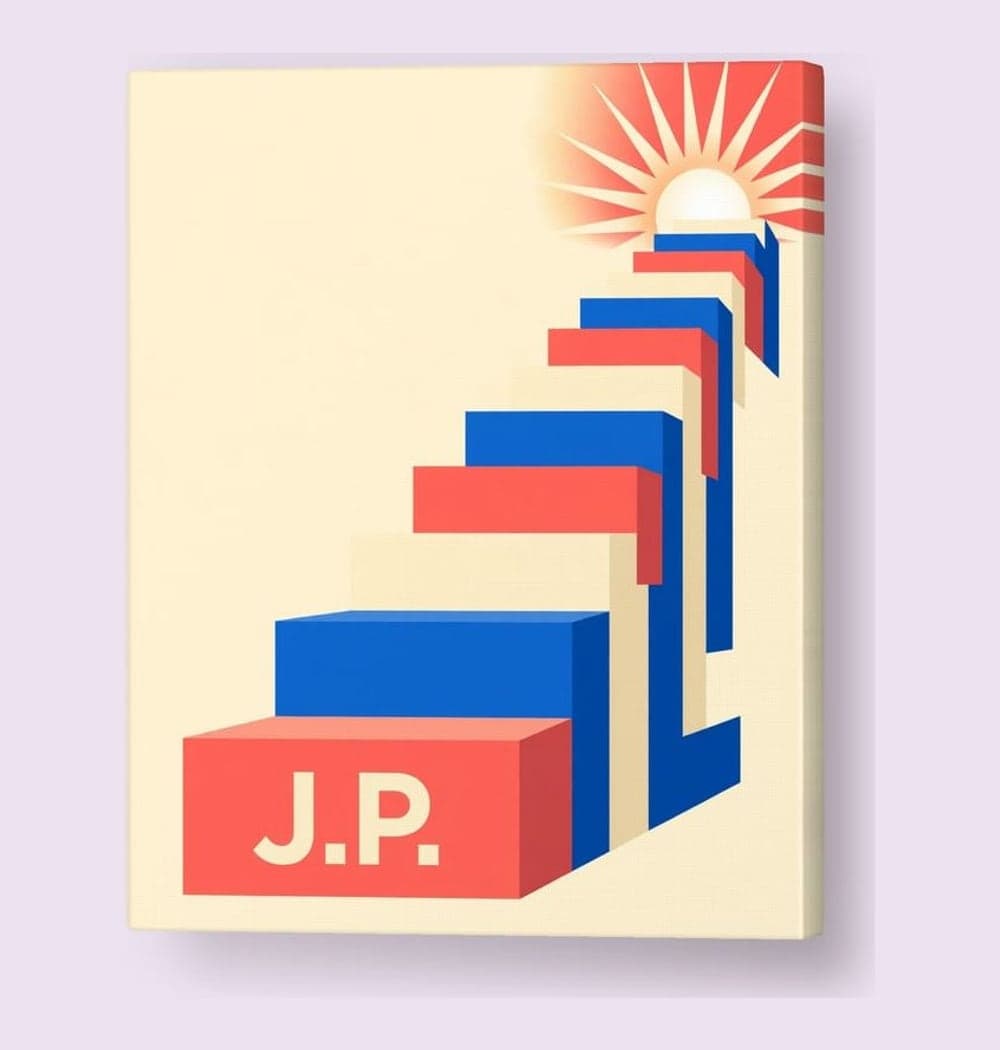 A bold geometric illustration of colorful blocks forming a staircase toward a bright abstract sunrise, on a canvas (example made with AI)