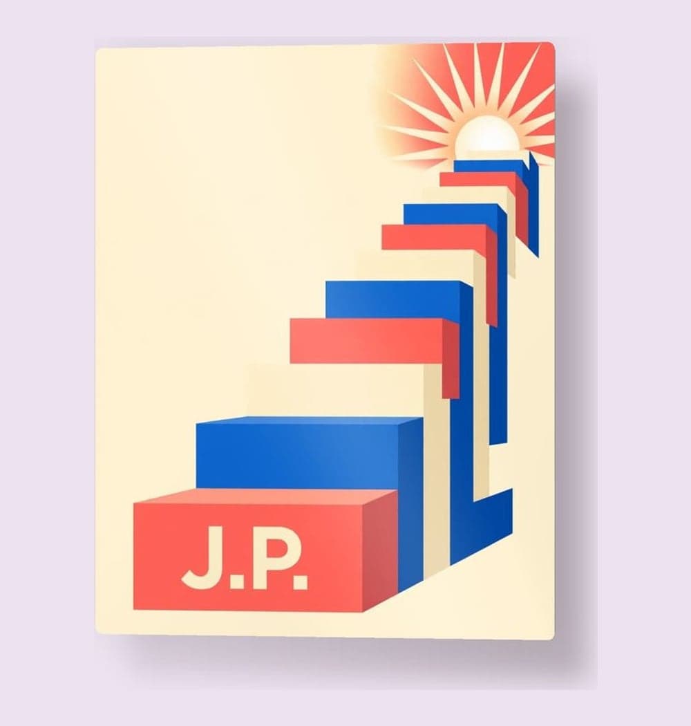 A bold geometric illustration of colorful blocks forming a staircase toward a bright abstract sunrise, on a metal print (example made with AI)
