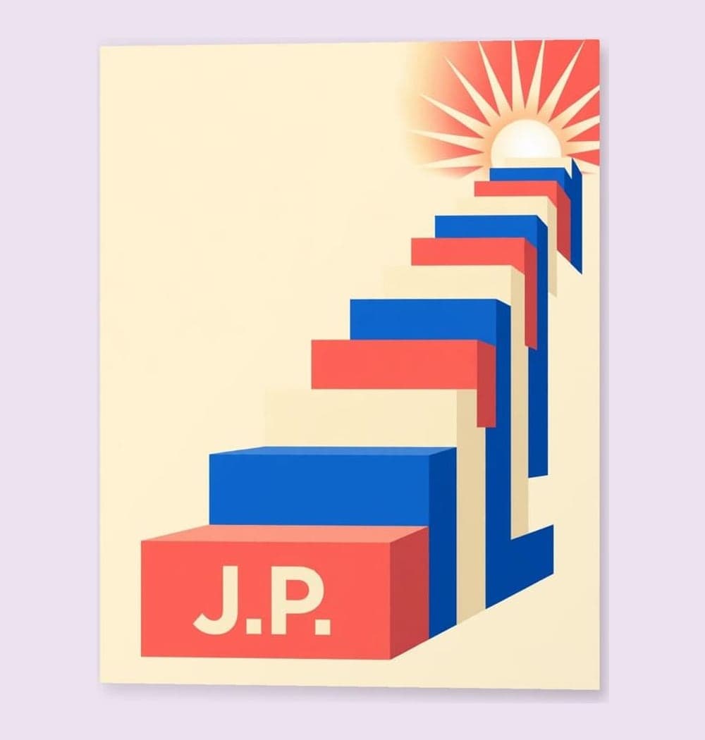 A bold geometric illustration of colorful blocks forming a staircase toward a bright abstract sunrise, on a matte poster (example made with AI)