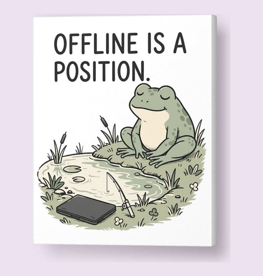 An original relaxed frog sitting beside a pond, with a closed laptop and a tiny fishing rod, on a canvas (example made with AI)