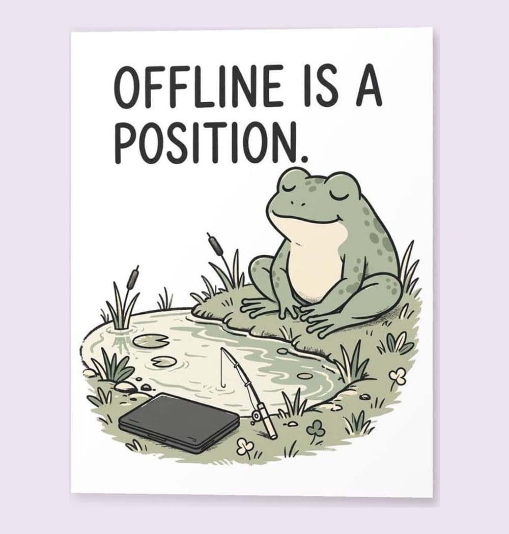 An original relaxed frog sitting beside a pond, with a closed laptop and a tiny fishing rod, on a matte poster (example made with AI)