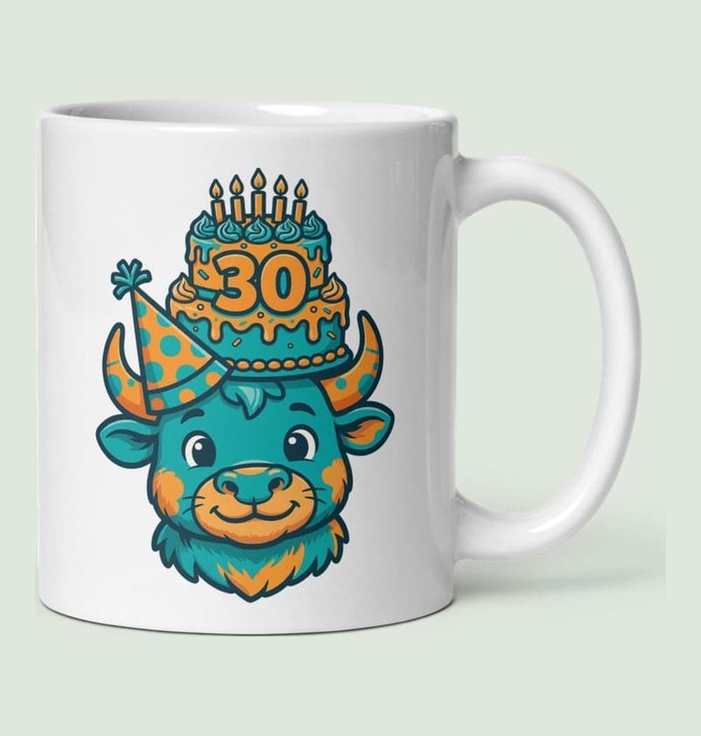A friendly bull wearing a party hat and carefully balancing a birthday cake with the supplied age, on a mug (example made with AI)