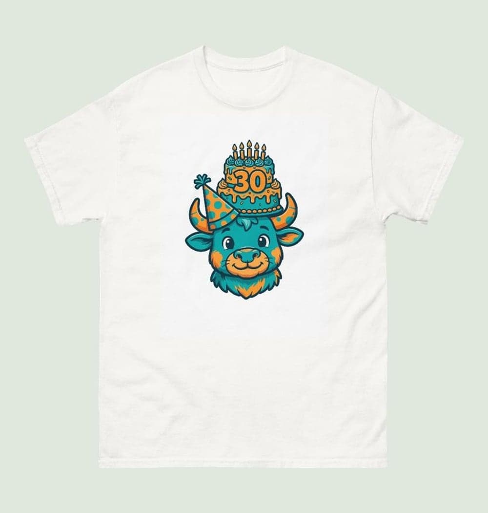 A friendly bull wearing a party hat and carefully balancing a birthday cake with the supplied age, on a t-shirt (example made with AI)