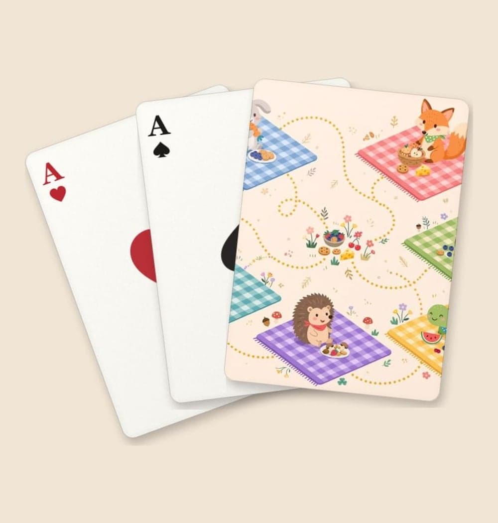A playful illustration of original animal friends sharing snacks across a network of little picnic blankets connected by dotted paths, on playing cards (example made with AI)