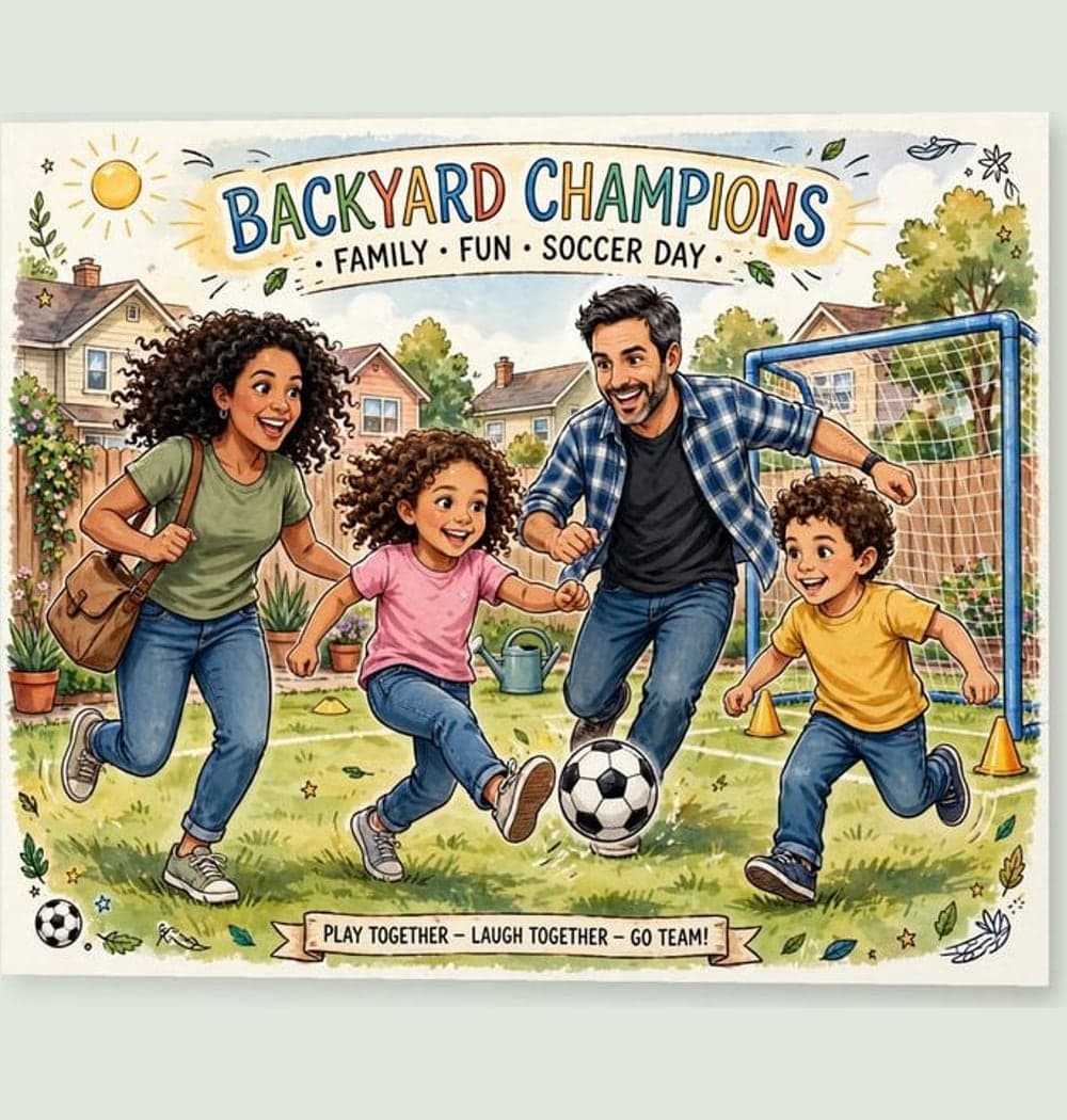 An energetic illustrated poster of the family playing the favorite backyard sport, using the supplied photos, on a matte poster (example made with AI)