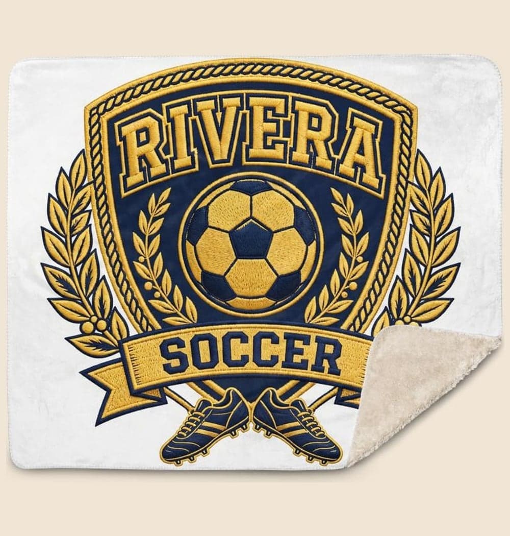 An original household sports crest using the surname, favorite sport's equipment, and chosen colors, on a blanket (example made with AI)