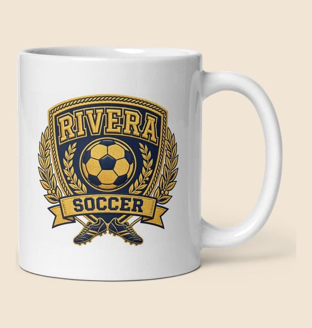 An original household sports crest using the surname, favorite sport's equipment, and chosen colors, on a mug (example made with AI)