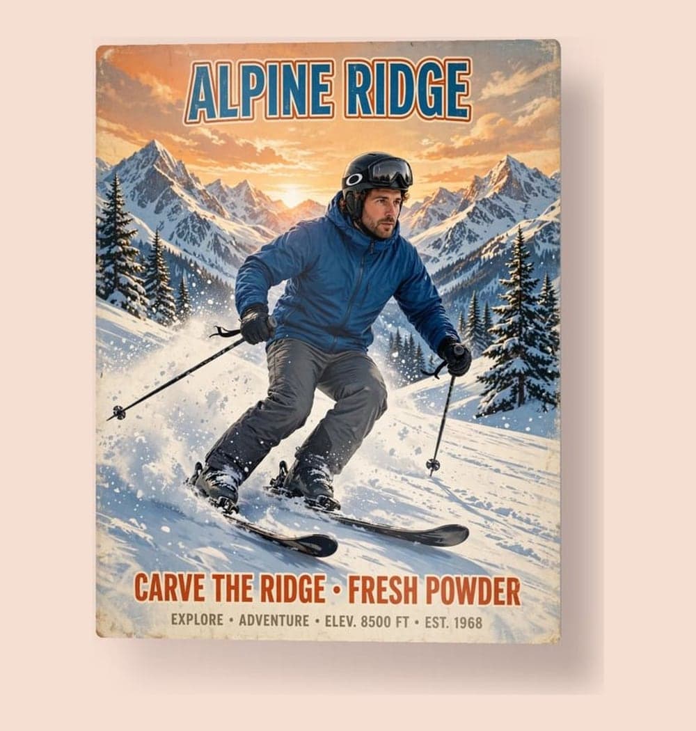 A vintage winter-sports poster showing a skier or snowboarder carving through fresh snow beneath dramatic mountains, on a metal print (example made with AI)