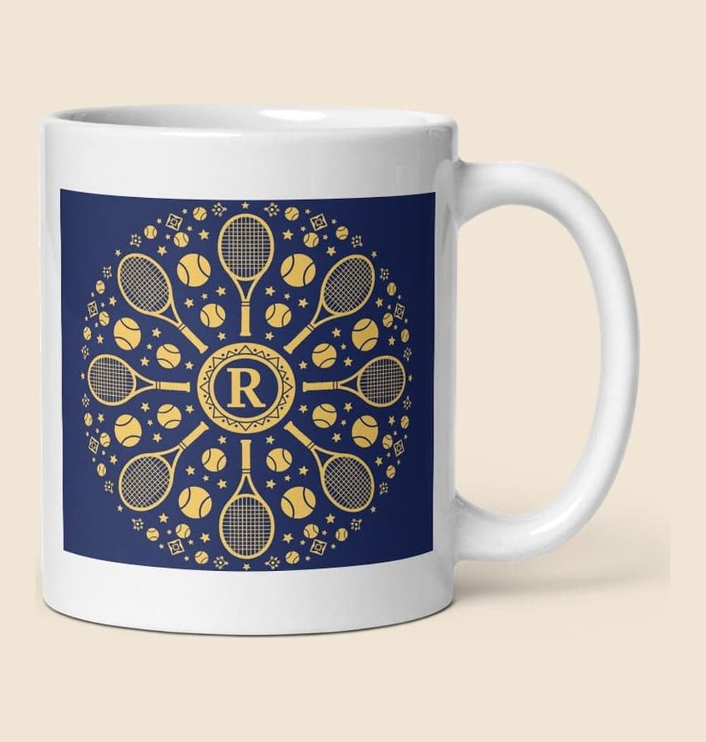 An original rotationally symmetric pattern of equipment from the favorite sport, small stars, and a central monogram, on a mug (example made with AI)