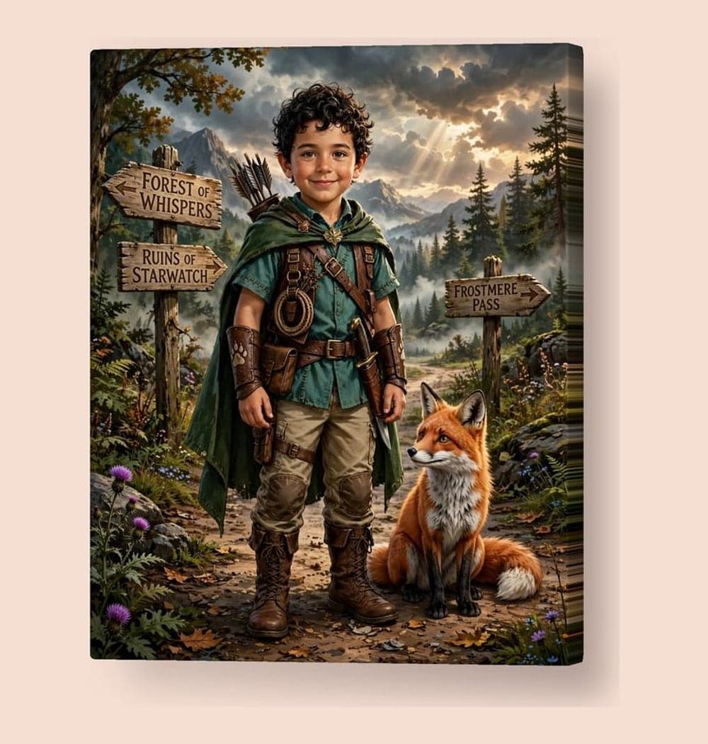 The hero of an original fantasy role-playing adventure, standing at a crossroads with a companion animal, on a canvas (example made with AI)