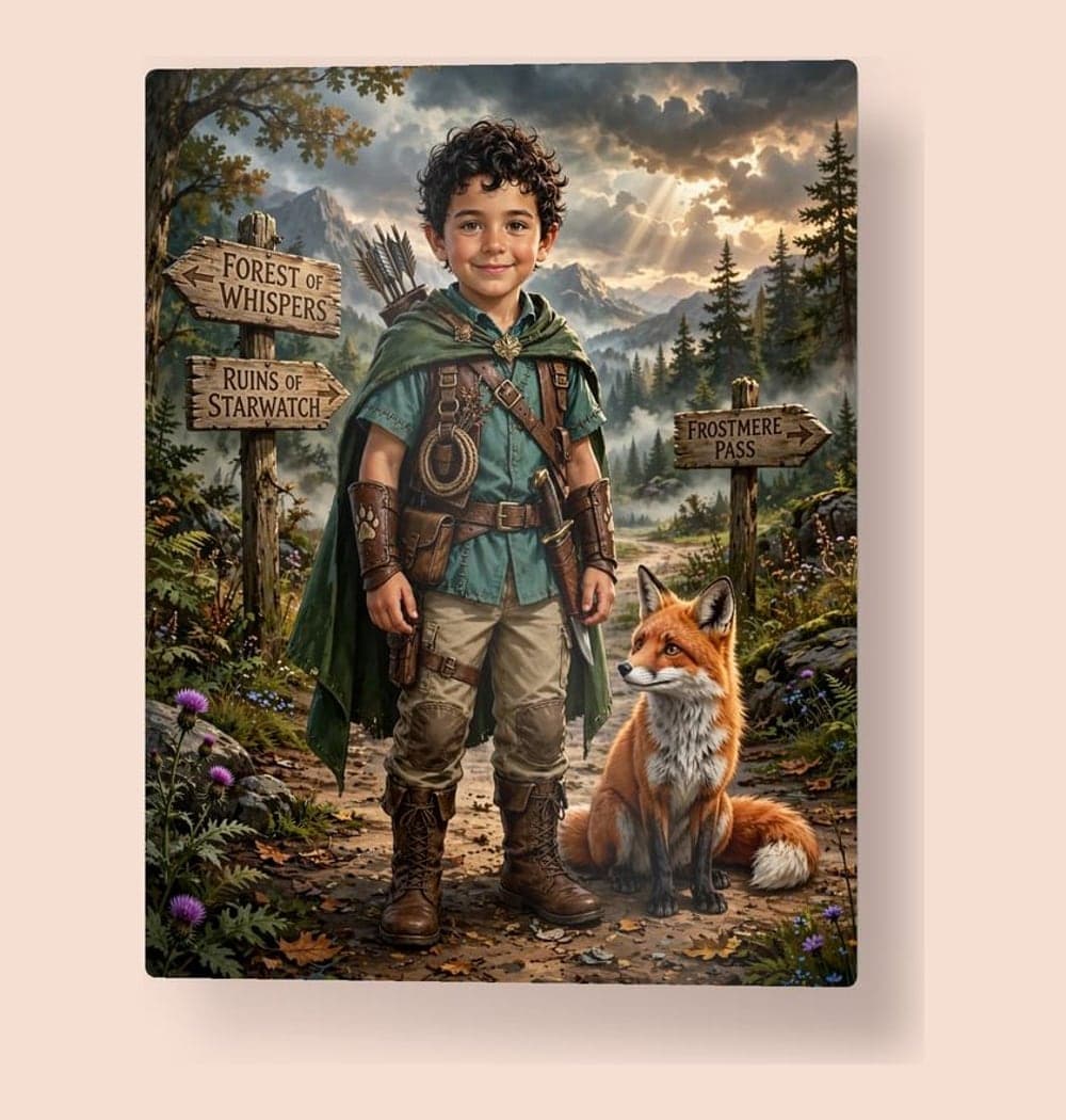 The hero of an original fantasy role-playing adventure, standing at a crossroads with a companion animal, on a metal print (example made with AI)