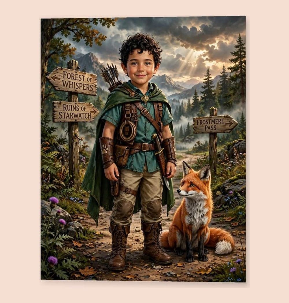 The hero of an original fantasy role-playing adventure, standing at a crossroads with a companion animal, on a matte poster (example made with AI)