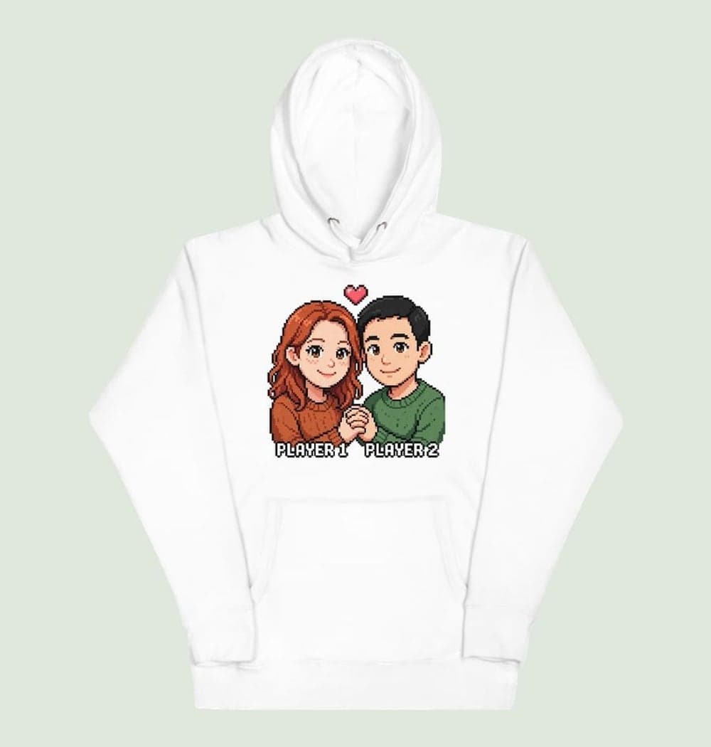 A charming pixel-art portrait of the two people in the photos holding hands beneath a small heart icon, on a hoodie (example made with AI)