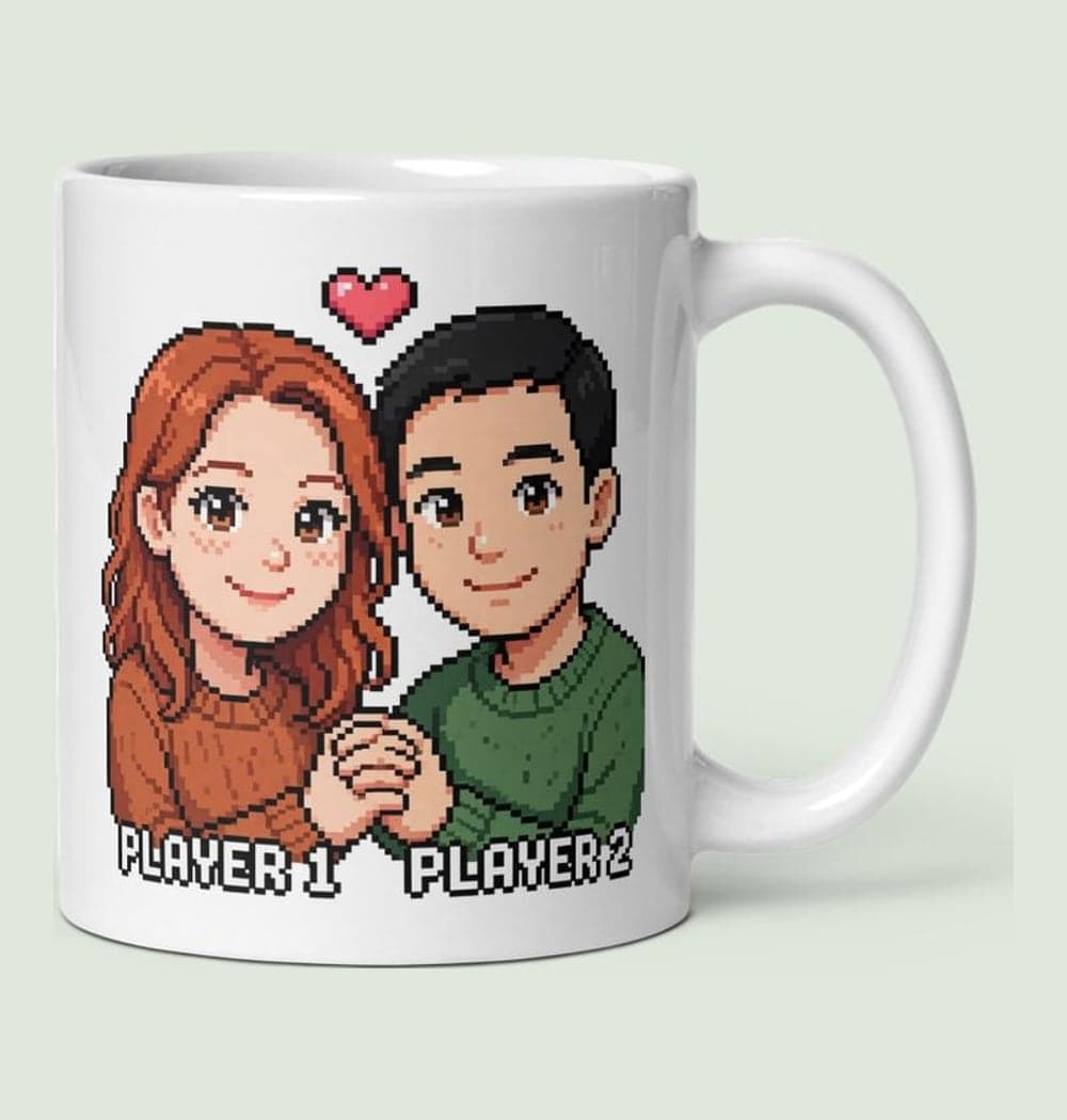 A charming pixel-art portrait of the two people in the photos holding hands beneath a small heart icon, on a mug (example made with AI)