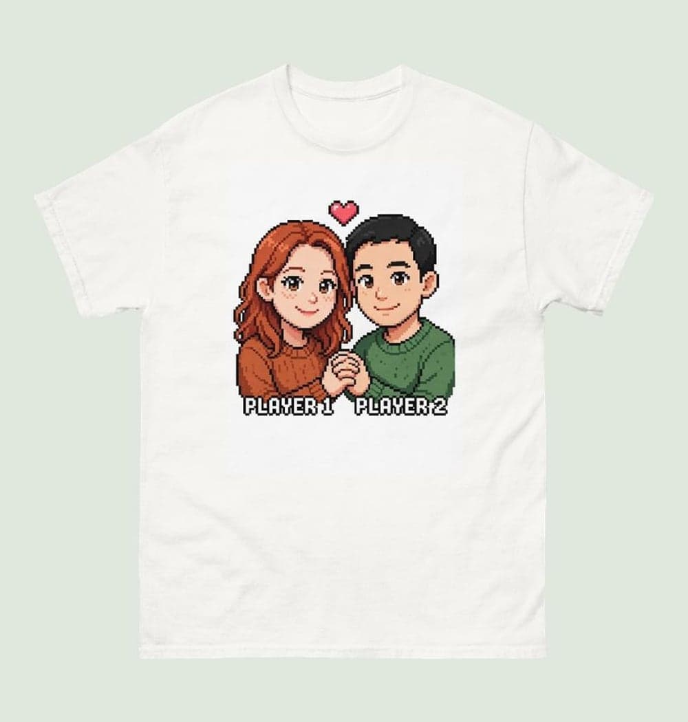 A charming pixel-art portrait of the two people in the photos holding hands beneath a small heart icon, on a t-shirt (example made with AI)