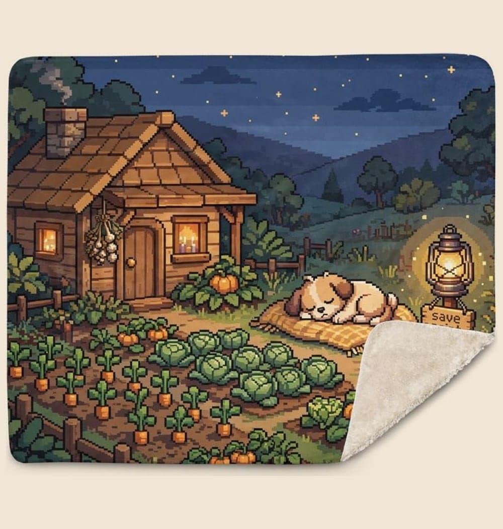 An original cozy game scene with a little cottage, vegetable garden, sleeping pet, and glowing lantern marking a save point, on a blanket (example made with AI)