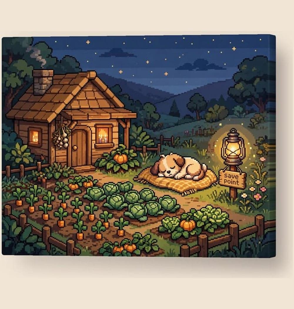 An original cozy game scene with a little cottage, vegetable garden, sleeping pet, and glowing lantern marking a save point, on a canvas (example made with AI)