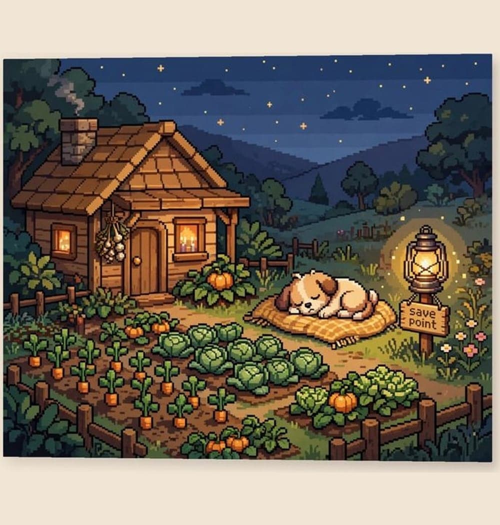 An original cozy game scene with a little cottage, vegetable garden, sleeping pet, and glowing lantern marking a save point, on a matte poster (example made with AI)