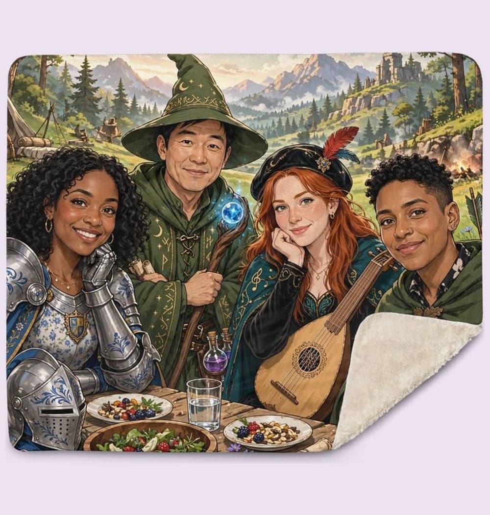 An original adventure-game party, assigning each person the supplied role and a distinctive accessory, on a blanket (example made with AI)