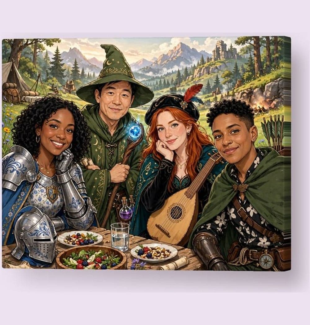 An original adventure-game party, assigning each person the supplied role and a distinctive accessory, on a canvas (example made with AI)