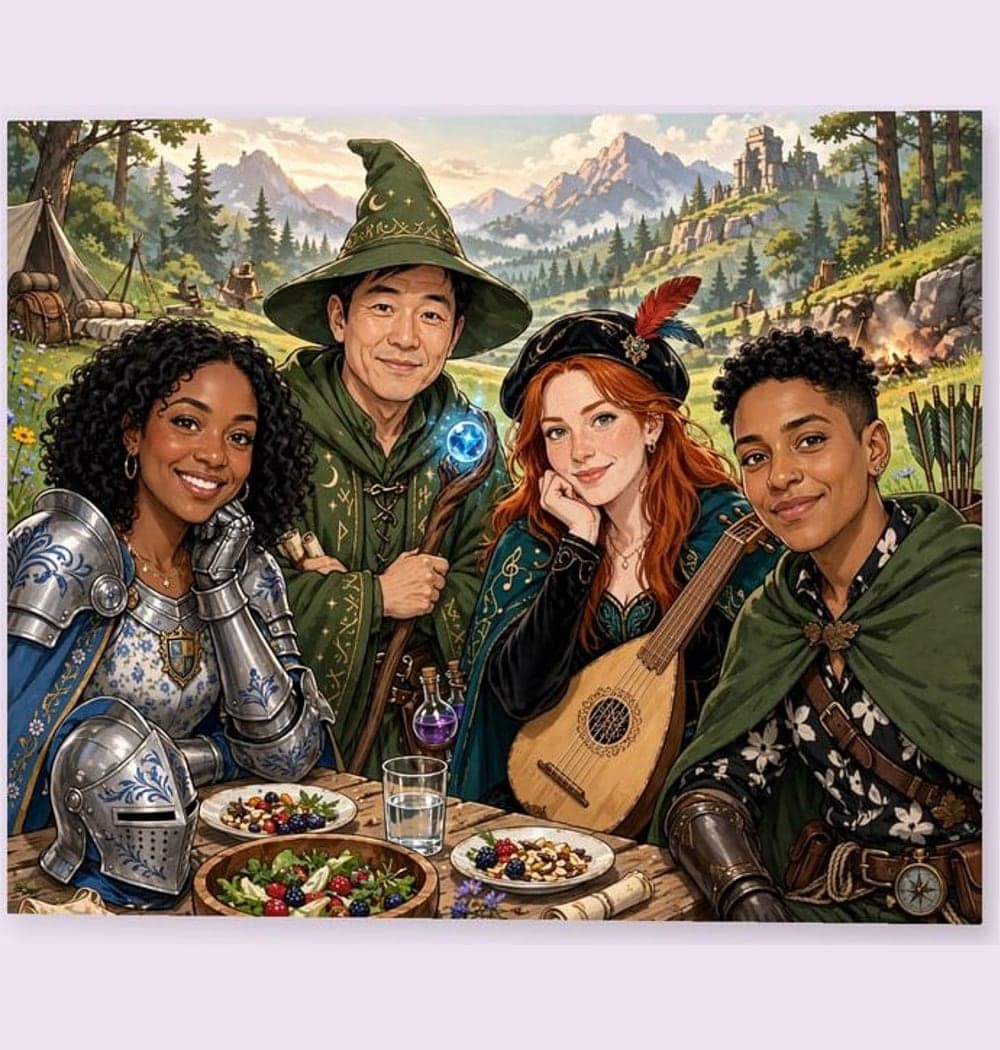 An original adventure-game party, assigning each person the supplied role and a distinctive accessory, on a matte poster (example made with AI)