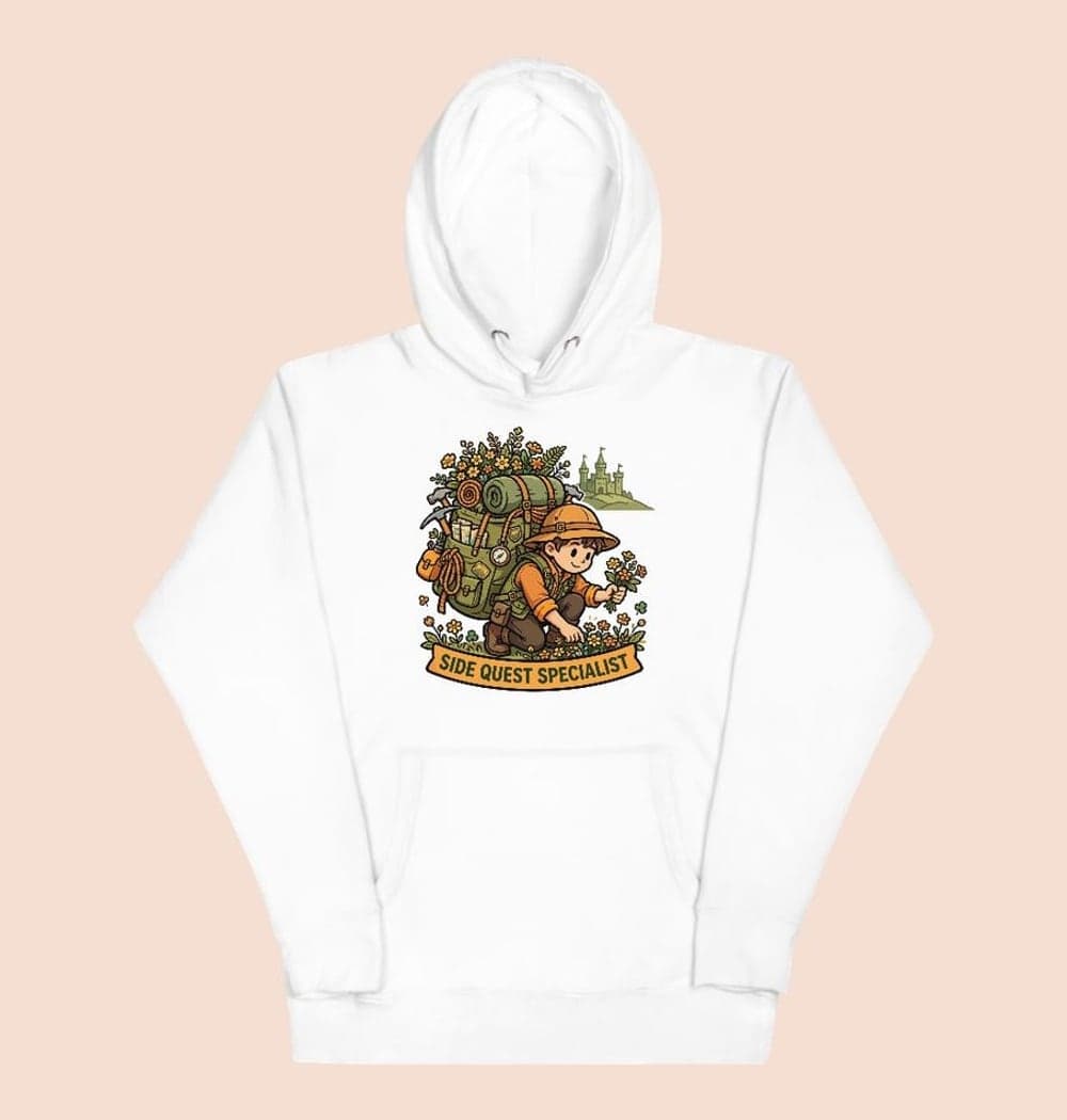 An original adventurer with an overloaded backpack collecting flowers while a distant castle waits on the horizon, on a hoodie (example made with AI)