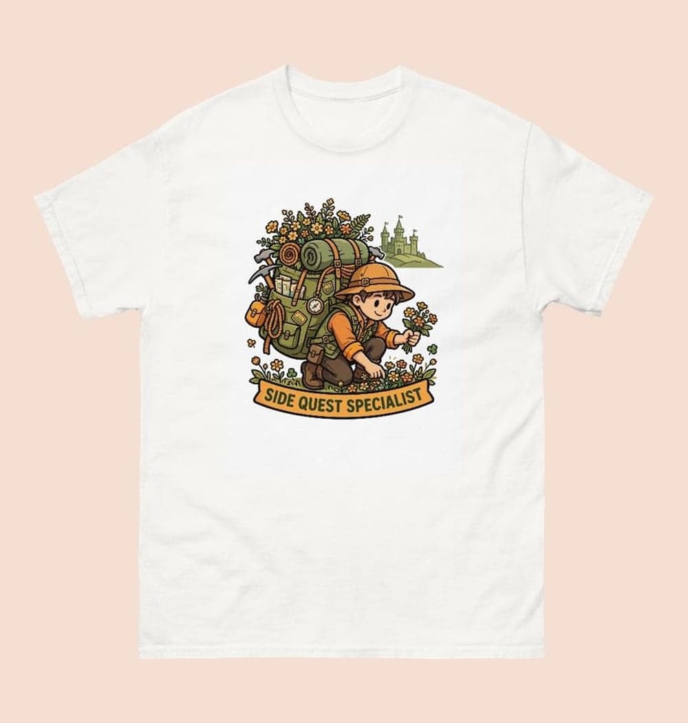 An original adventurer with an overloaded backpack collecting flowers while a distant castle waits on the horizon, on a t-shirt (example made with AI)