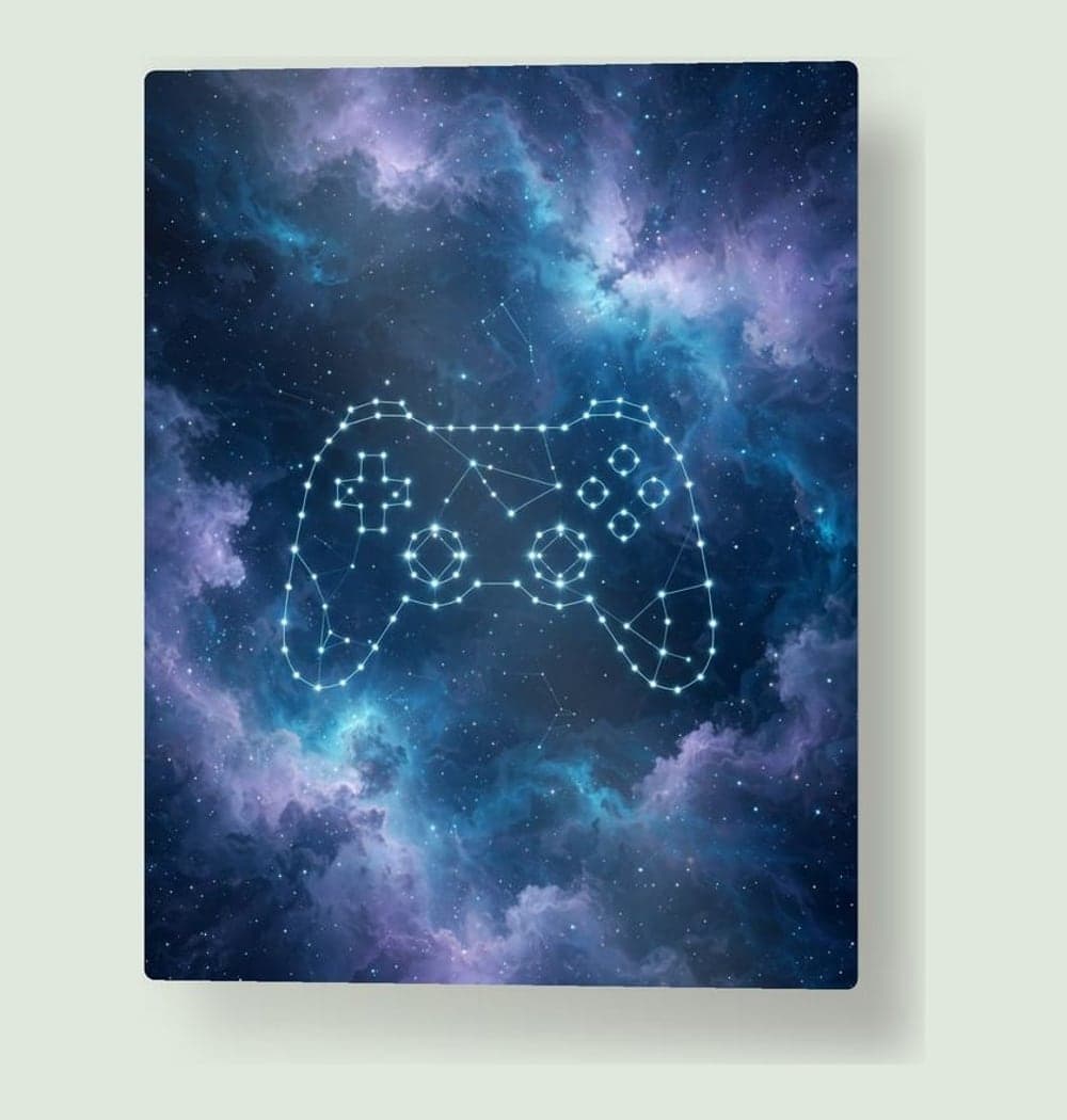 An imaginary constellation in the shape of a generic game controller, with small stars and a subtle nebula behind it, on a metal print (example made with AI)