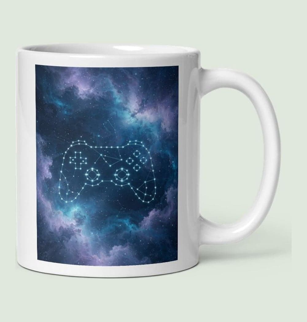 An imaginary constellation in the shape of a generic game controller, with small stars and a subtle nebula behind it, on a mug (example made with AI)