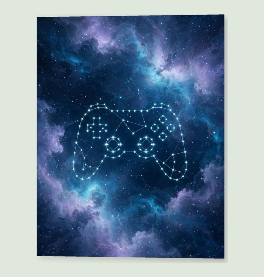 An imaginary constellation in the shape of a generic game controller, with small stars and a subtle nebula behind it, on a matte poster (example made with AI)