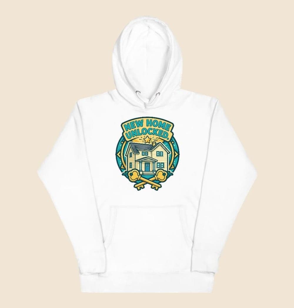 An original game-style achievement badge featuring a tiny house, two keys, and a celebratory star, on a hoodie (example made with AI)