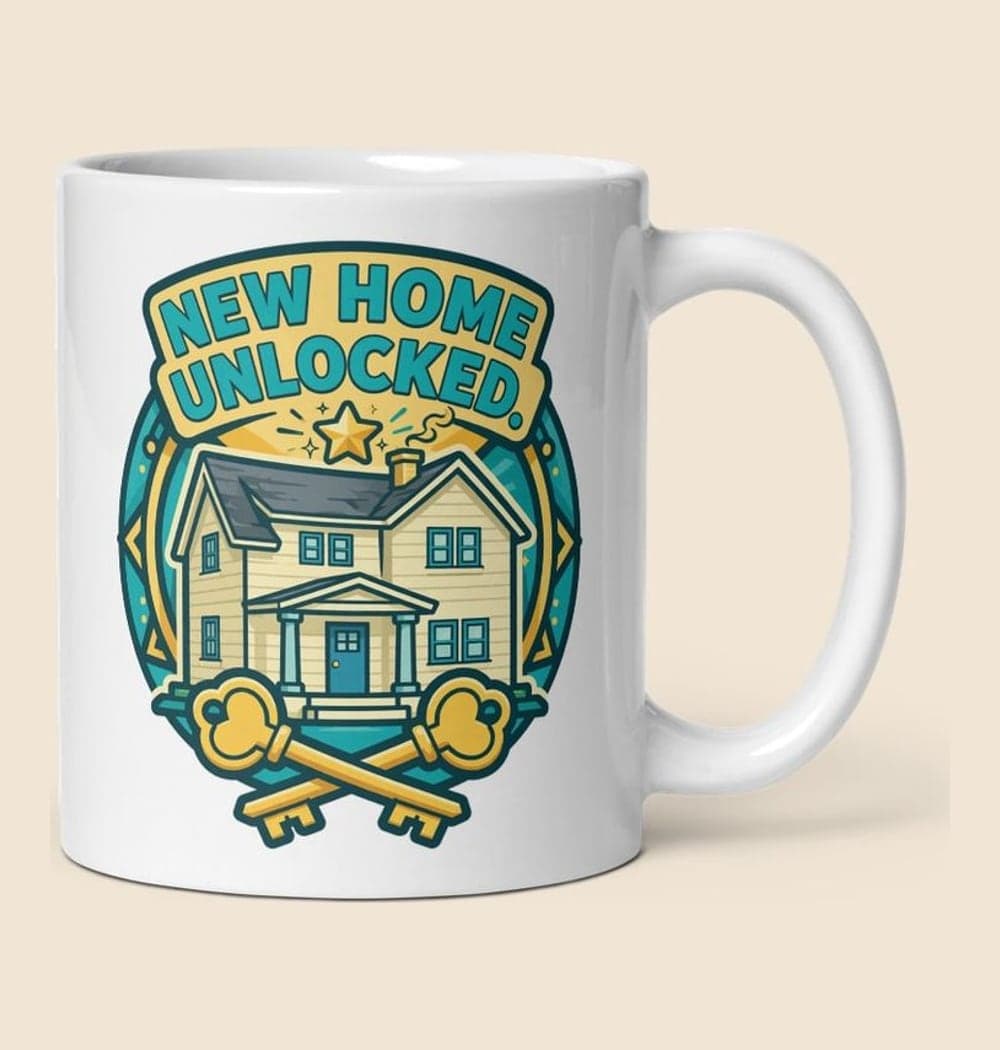 An original game-style achievement badge featuring a tiny house, two keys, and a celebratory star, on a mug (example made with AI)