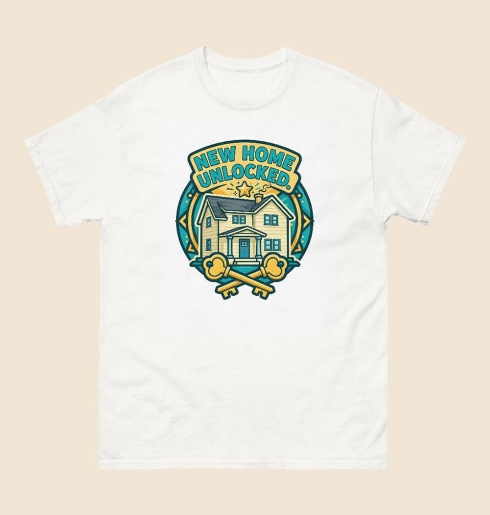 An original game-style achievement badge featuring a tiny house, two keys, and a celebratory star, on a t-shirt (example made with AI)