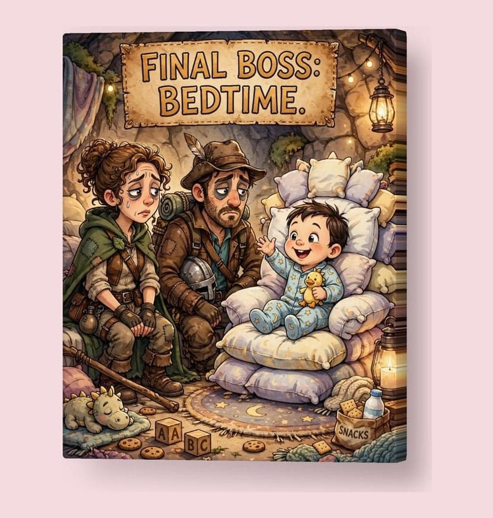 An original humorous game scene showing two tired parent adventurers facing a tiny pajama-clad baby seated on a pillow throne, on a canvas (example made with AI)