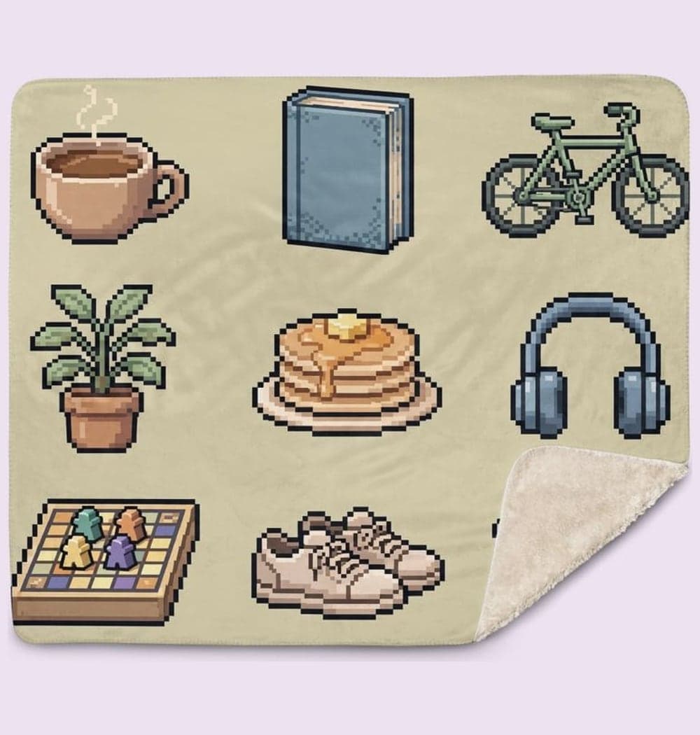 An original inventory grid containing nine favorite weekend items, each drawn as a crisp pixel-art icon, on a blanket (example made with AI)