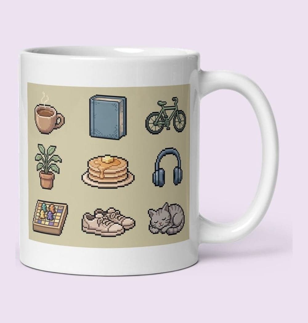 An original inventory grid containing nine favorite weekend items, each drawn as a crisp pixel-art icon, on a mug (example made with AI)