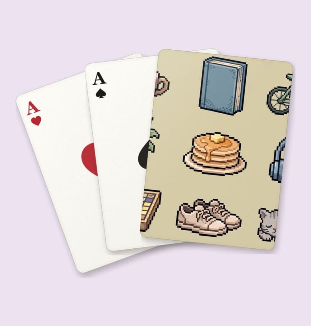 An original inventory grid containing nine favorite weekend items, each drawn as a crisp pixel-art icon, on playing cards (example made with AI)