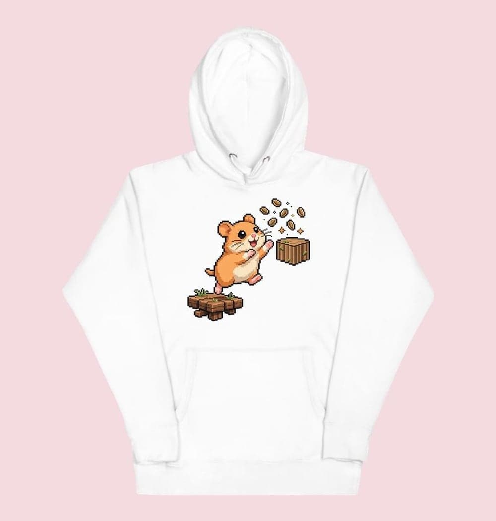 An original pixel-art version of the pet leaping between floating platforms to collect treats, on a hoodie (example made with AI)