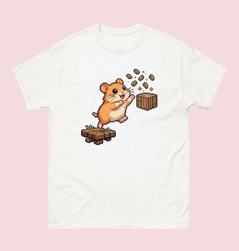 An original pixel-art version of the pet leaping between floating platforms to collect treats, on a t-shirt (example made with AI)