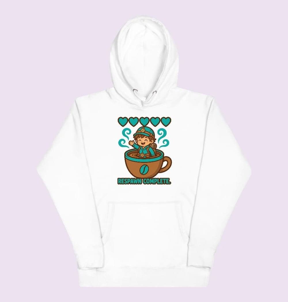 A cheerful original cartoon adventurer emerging from a giant coffee cup with a fully restored heart meter above them, on a hoodie (example made with AI)