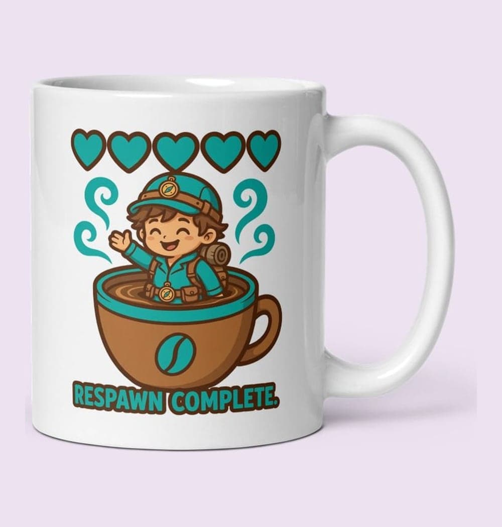 A cheerful original cartoon adventurer emerging from a giant coffee cup with a fully restored heart meter above them, on a mug (example made with AI)