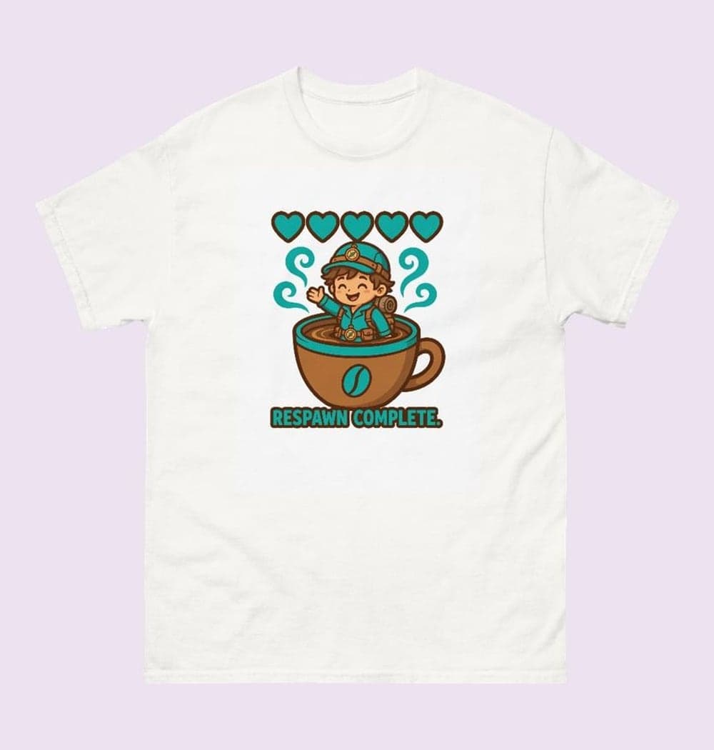 A cheerful original cartoon adventurer emerging from a giant coffee cup with a fully restored heart meter above them, on a t-shirt (example made with AI)