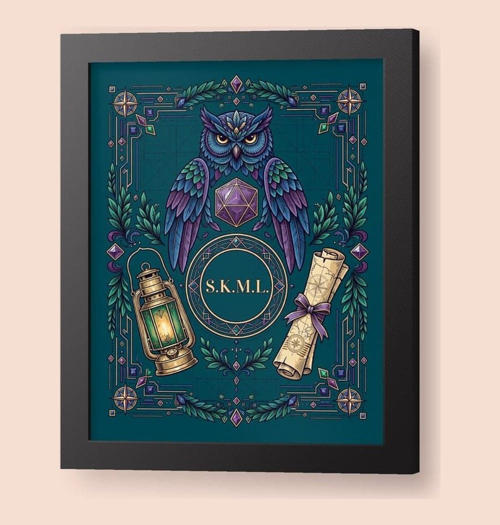 An original symmetrical fantasy crest combining the group's chosen animal, a twenty-sided die, and two adventure tools, on a framed print (example made with AI)
