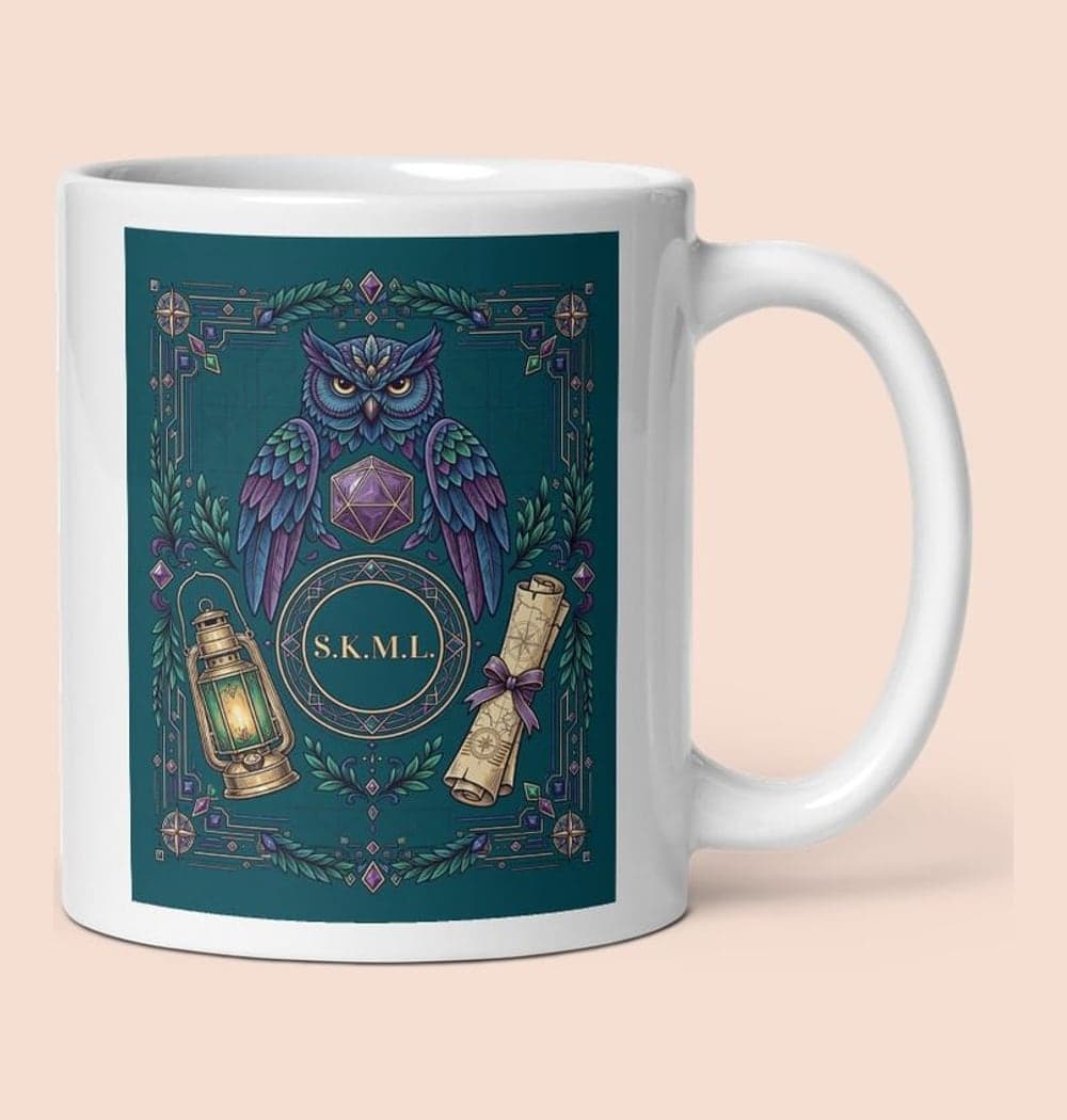 An original symmetrical fantasy crest combining the group's chosen animal, a twenty-sided die, and two adventure tools, on a mug (example made with AI)