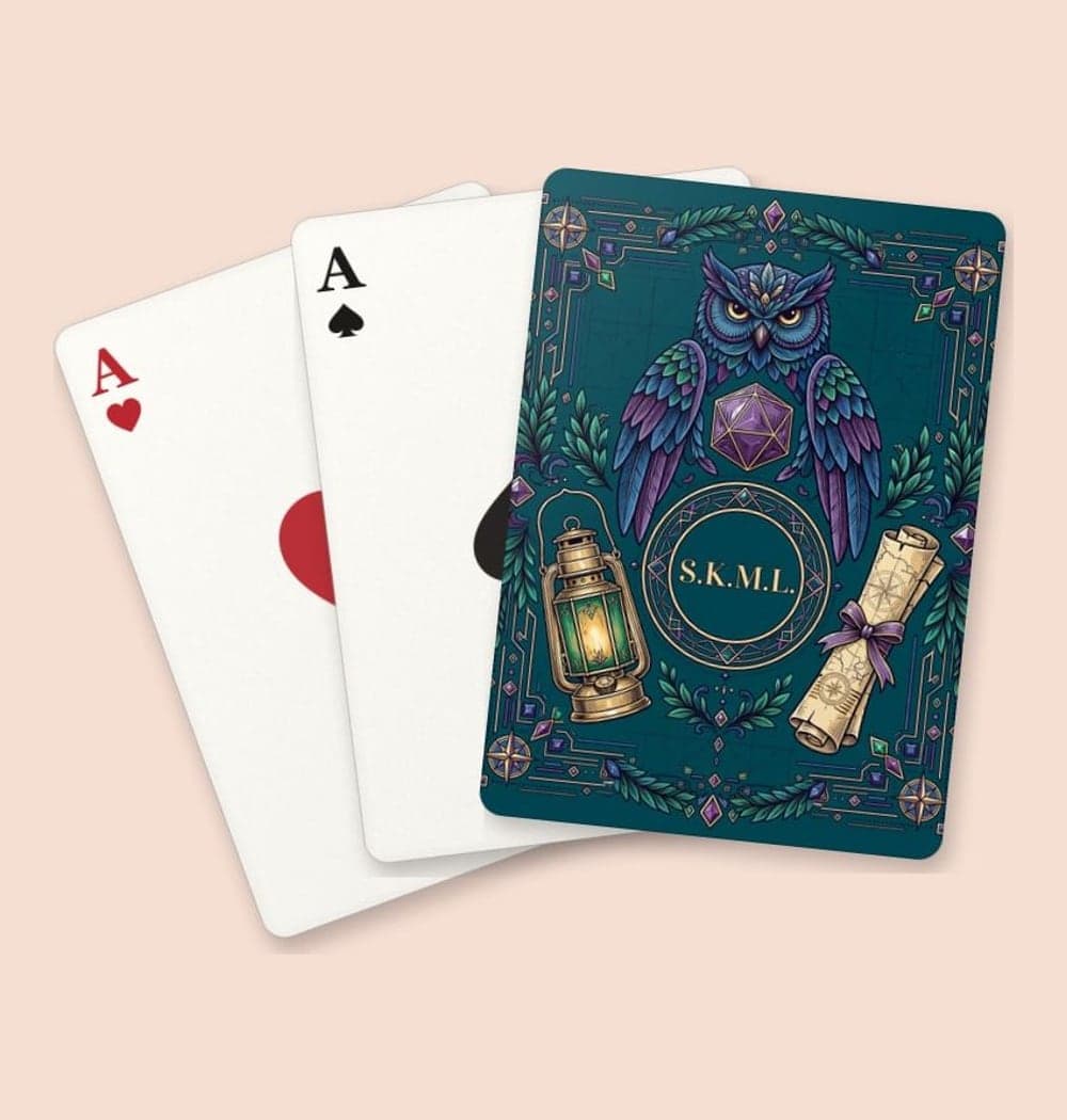 An original symmetrical fantasy crest combining the group's chosen animal, a twenty-sided die, and two adventure tools, on playing cards (example made with AI)