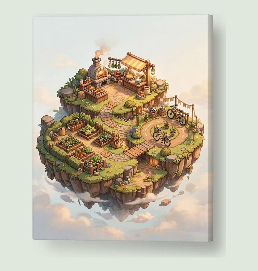 An original isometric floating island built around the three favorite hobbies, with one small area for each, on a canvas (example made with AI)