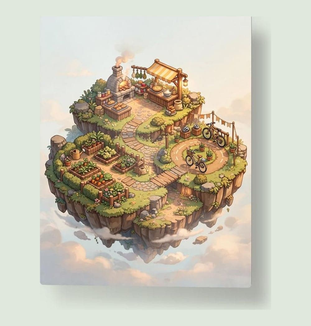 An original isometric floating island built around the three favorite hobbies, with one small area for each, on a metal print (example made with AI)