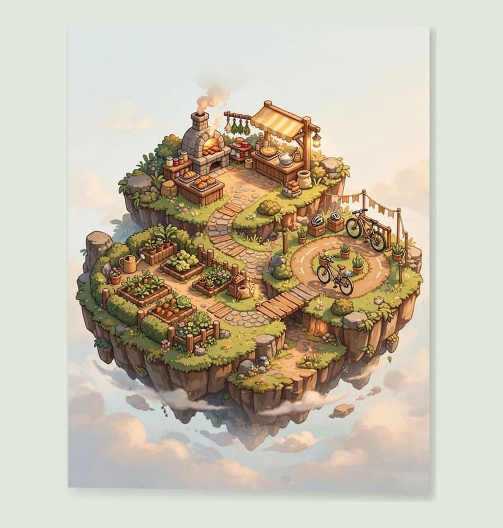 An original isometric floating island built around the three favorite hobbies, with one small area for each, on a matte poster (example made with AI)