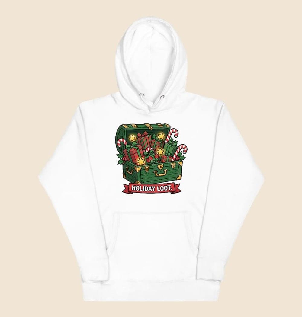 An original festive treasure chest overflowing with wrapped presents, candy canes, and glowing star-shaped tokens, on a hoodie (example made with AI)